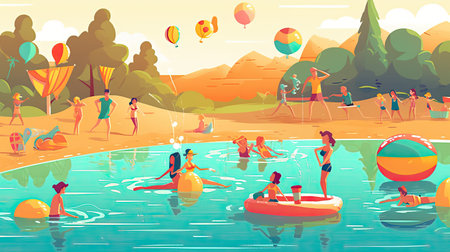 Summer beach party vector illustration. Cartoon people playing in inflatable ring, swimming in pool, having fun on inflatable ring.の素材
