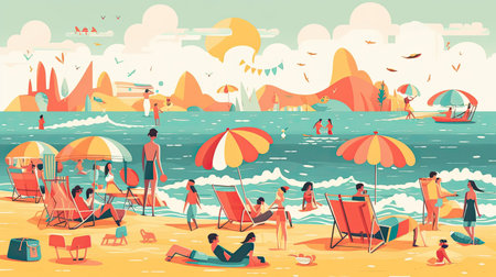 People on the beach. Summer vacation. Vector illustration in flat styleの素材