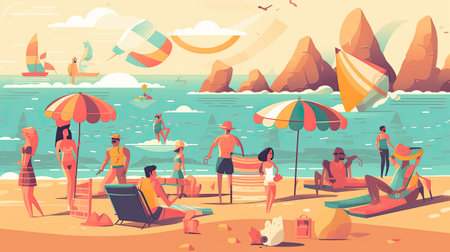 People on the beach vector illustration. Cartoon summer vacation and travel conceptの素材