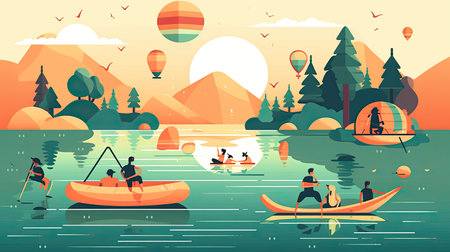 People kayaking in the lake. Vector illustration in flat style.の素材