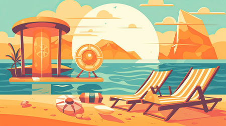 Beach with sunbeds and loungers. Vector illustrationの素材
