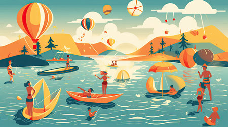 Vector illustration of a beautiful summer landscape with people on a boat.の素材