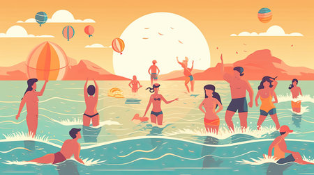 People swimming in the sea. Vector illustration in flat cartoon style.の素材