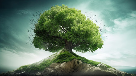 Green tree on the island with flying birds. 3d illustration.の素材