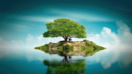 Lonely tree on island floating in the sea. 3d renderingの素材
