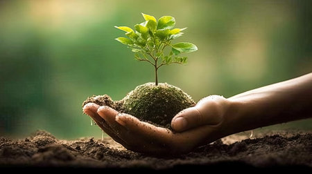 Human hands holding a green sprout with soil background. Ecology conceptの素材