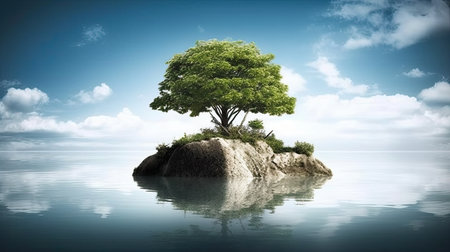 Green tree on a small island in the sea. 3d renderの素材
