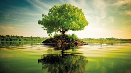 Beautiful landscape with green tree on the island in the lake.の素材