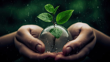 Hands holding a green sprout growing inside of a glass globeの素材