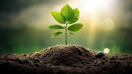 Young green plant growing in soil on blurred nature background, Ecology conceptの素材