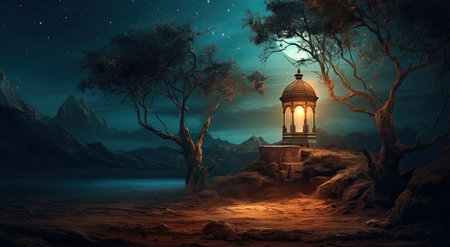 Fantasy landscape with a lantern in the middle of the night.の素材