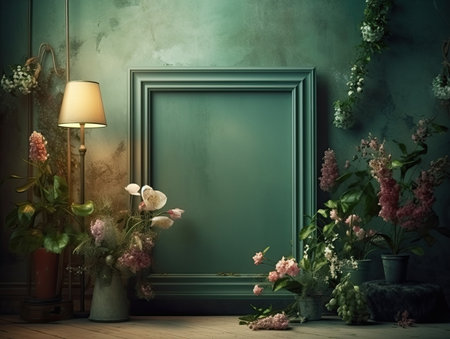 Vintage interior with flowers in vase. Wall mockup. 3d renderの素材