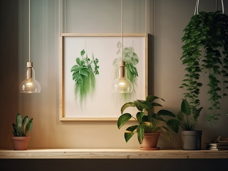 Poster mockup in scandinavian living room interior with green plants and lamp.の素材