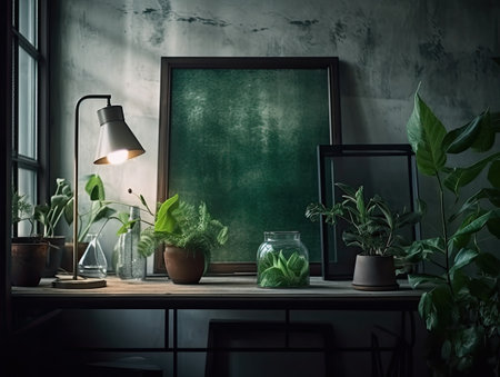 Modern room interior design with green plants in pots, lamp and empty blackboard.の素材