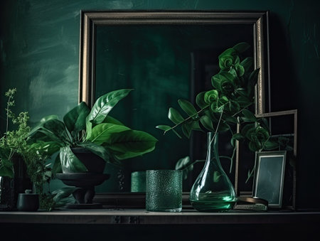Interior of living room with green plants, vintage mirror and accessories.の素材