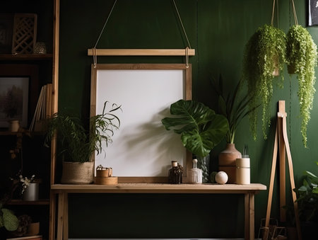 Wooden shelf with plants and blank frame on green wall in roomの素材