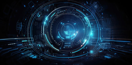 Futuristic technology interface with glowing lines and circles 3D renderingの素材