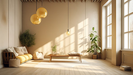 Interior of modern living room with yellow walls, wooden floor, comfortable sofa and coffee table. 3d renderingの素材