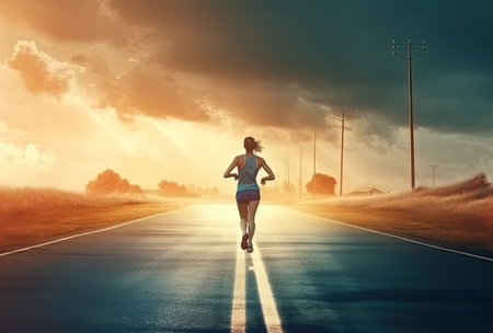 Young woman running on asphalt road at sunset. Mixed media. Mixed mediaの素材