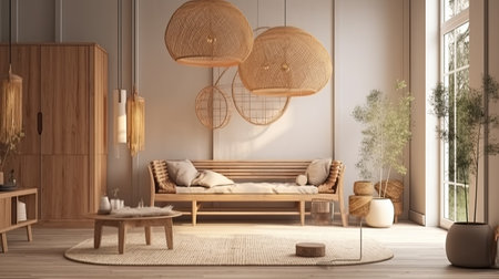 3d rendering of living room interior with sofa and wicker chairの素材