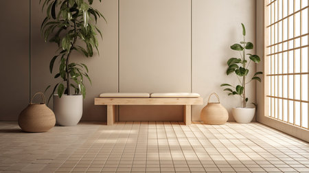 Interior living room japanese style with wooden bench - 3d renderingの素材