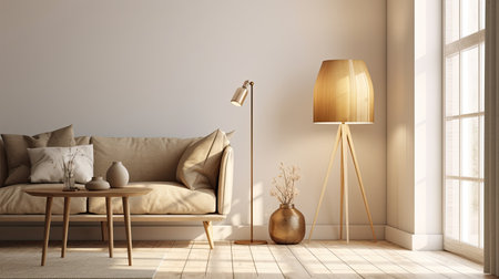 Interior of modern living room with brown sofa, lamp and vase. 3d renderの素材