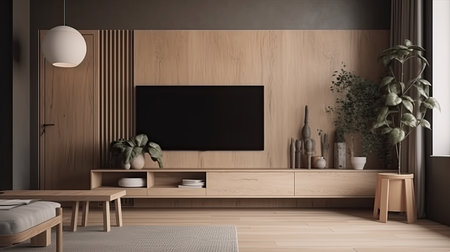 Modern living room interior design with tv and wooden wall. 3D Renderingの素材