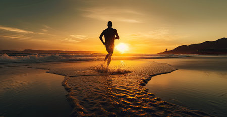 Silhouette of a man running on the beach at sunset.の素材