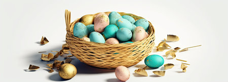 Basket with Easter eggs and gold confetti on a white backgroundの素材