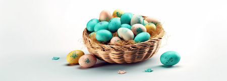 Easter eggs in a basket on a white background. 3d illustrationの素材