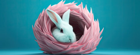 Rabbit in pink paper nest on blue background. 3d renderingの素材