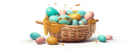 Basket with Easter eggs on a white background. 3d renderingの素材