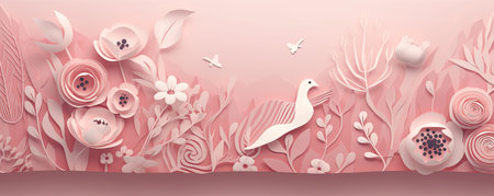 Paper art of pink flowers with swan and butterflies. Vector illustration.の素材