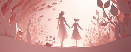 Mother and daughter holding hands in the forest. Paper art style. Vector illustration.の素材