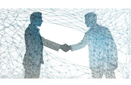 Silhouettes of business people shaking hands against digitally generated network designの素材