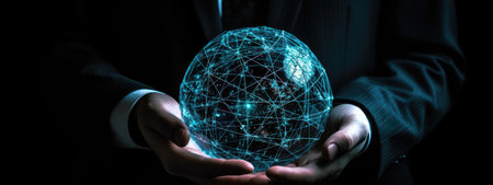 Businessman holding a glowing earth globe in his hands 3D renderingの素材