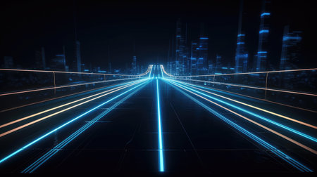 3d rendering of a road in the city with neon lights.の素材