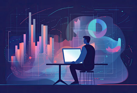 a man on a laptop computer using a dashboard, in the style of abstract compositions, digital printの素材