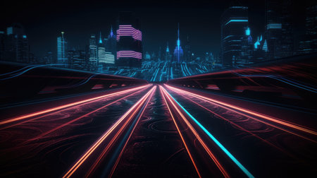 Abstract futuristic background high speed straight blue yellow lines and bokeh glowing neon moving. High speed futuristic travel concept. Fantastic wallpaper, Ai Generativeの素材