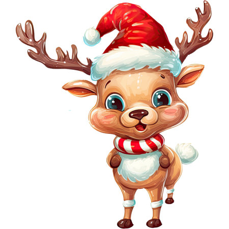 Cute reindeer in Santa Claus hat and scarf illustration.の素材