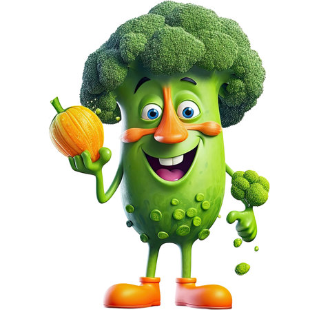 Cartoon character of broccoli with pumpkins on white background - 3D illustrationの素材