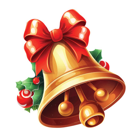 Christmas bell with red bow and holly berry. Vector illustration.のイラスト素材