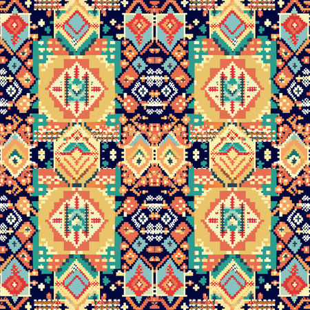 Geometric ethnic pattern, Cross Stitch, Pixel pattern, Design for clothing, fabric, background, wallpaper, wrapping, batik, Knitwear, Embroidery style, Aztec geometric art ornamentのイラスト素材
