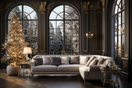 Stylish interior of living room with decorated Christmas tree, Luxury living room New Yearの素材
