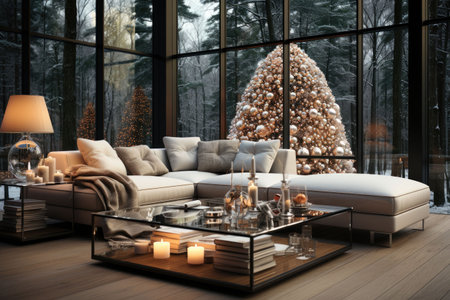 Stylish interior of living room with decorated Christmas tree, Luxury living room New Yearの素材