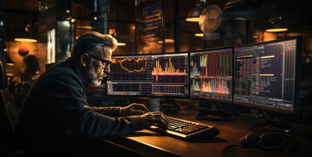 Side view of a bearded trader sitting at the table and working on computer monitors in a night officeの素材