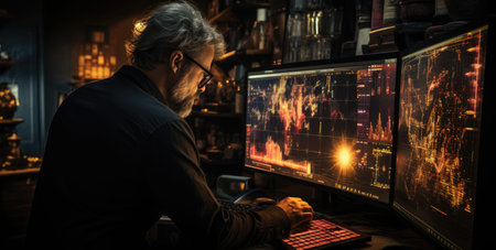 Side view of a bearded trader sitting at the table and working on computer monitors in a night officeの素材