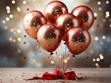 Red and golden balloons with ribbons and confetti on grey background, international women's day, romantic backgroundの素材