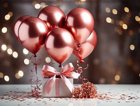 Red and golden balloons with ribbons and confetti on grey background, international women's day, romantic backgroundの素材