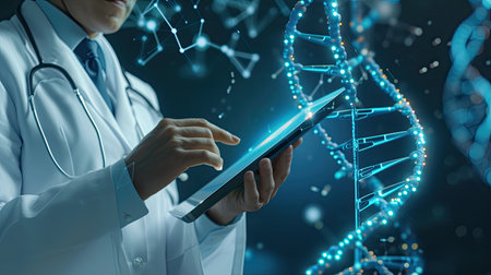Futuristic Medical Research with Glowing DNA Structure and Tabletの素材